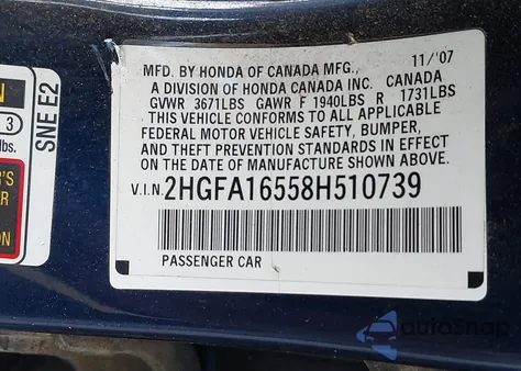 2008 Honda Civic Lx z USA, uszkodzony, nr VIN 2HGFA16558H510739